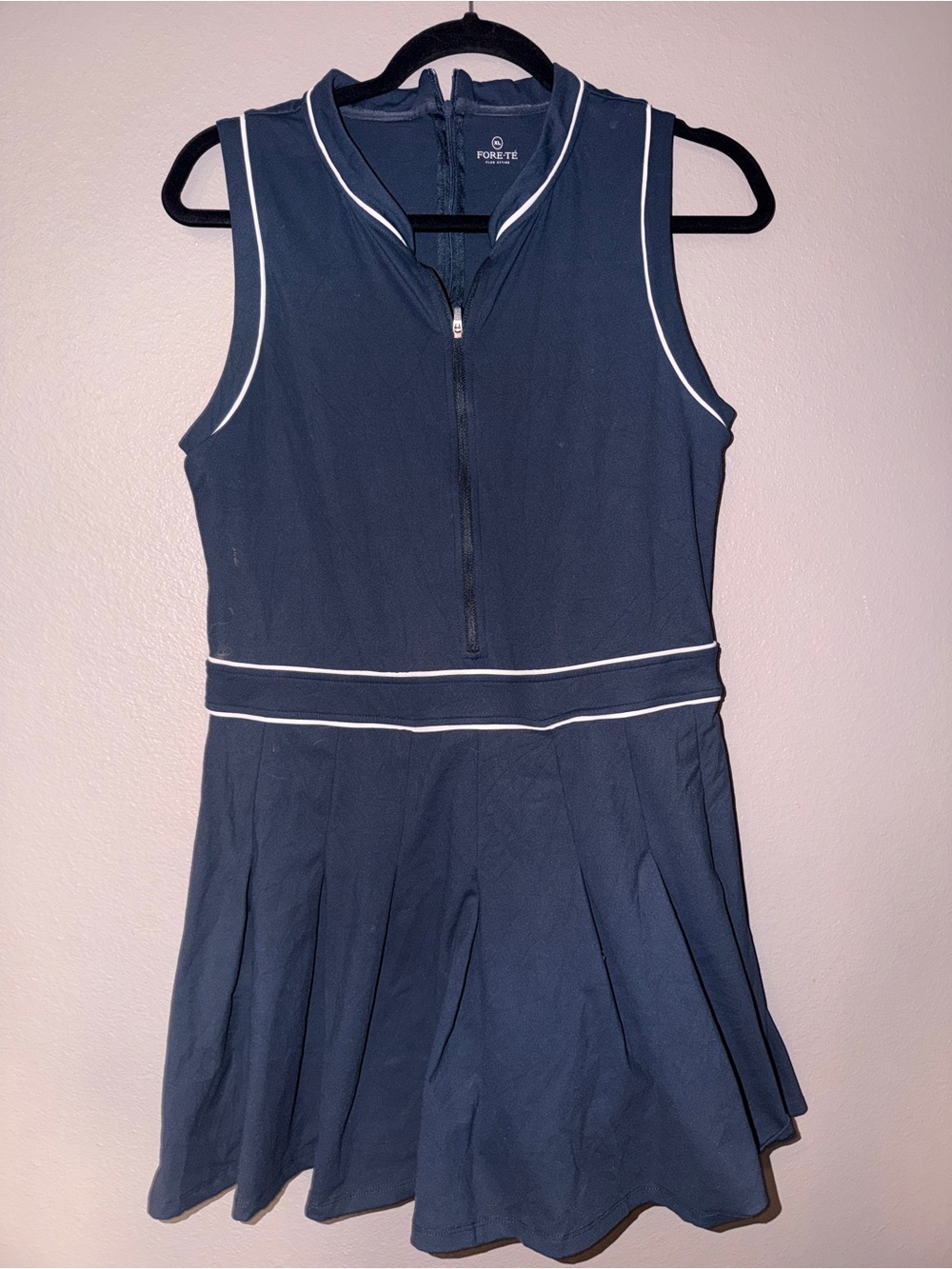 Forte Navy Sleeveless Zip-Front Skater Dress with White Piping
